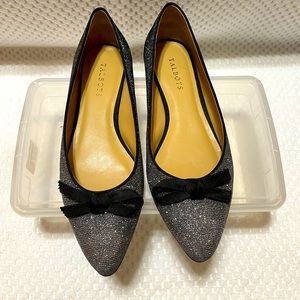 Talbot’s black and silver dress flats, size 10.5.  Black bow accent.